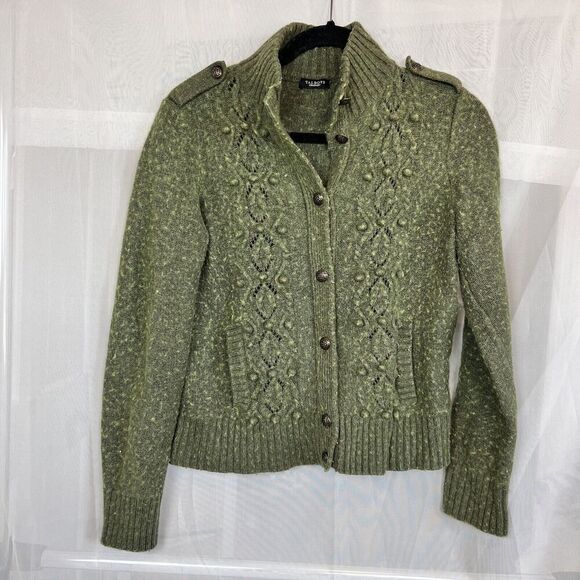 Talbots wool blend button up cardigan pom pom olive green preppy winter collared - Picture 1 of 8